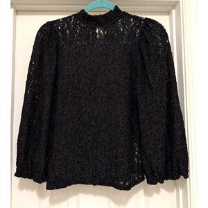 Free People Women's Black Mock Neck Long Sleeve Lace Ballon Sleeve Blouse Size S